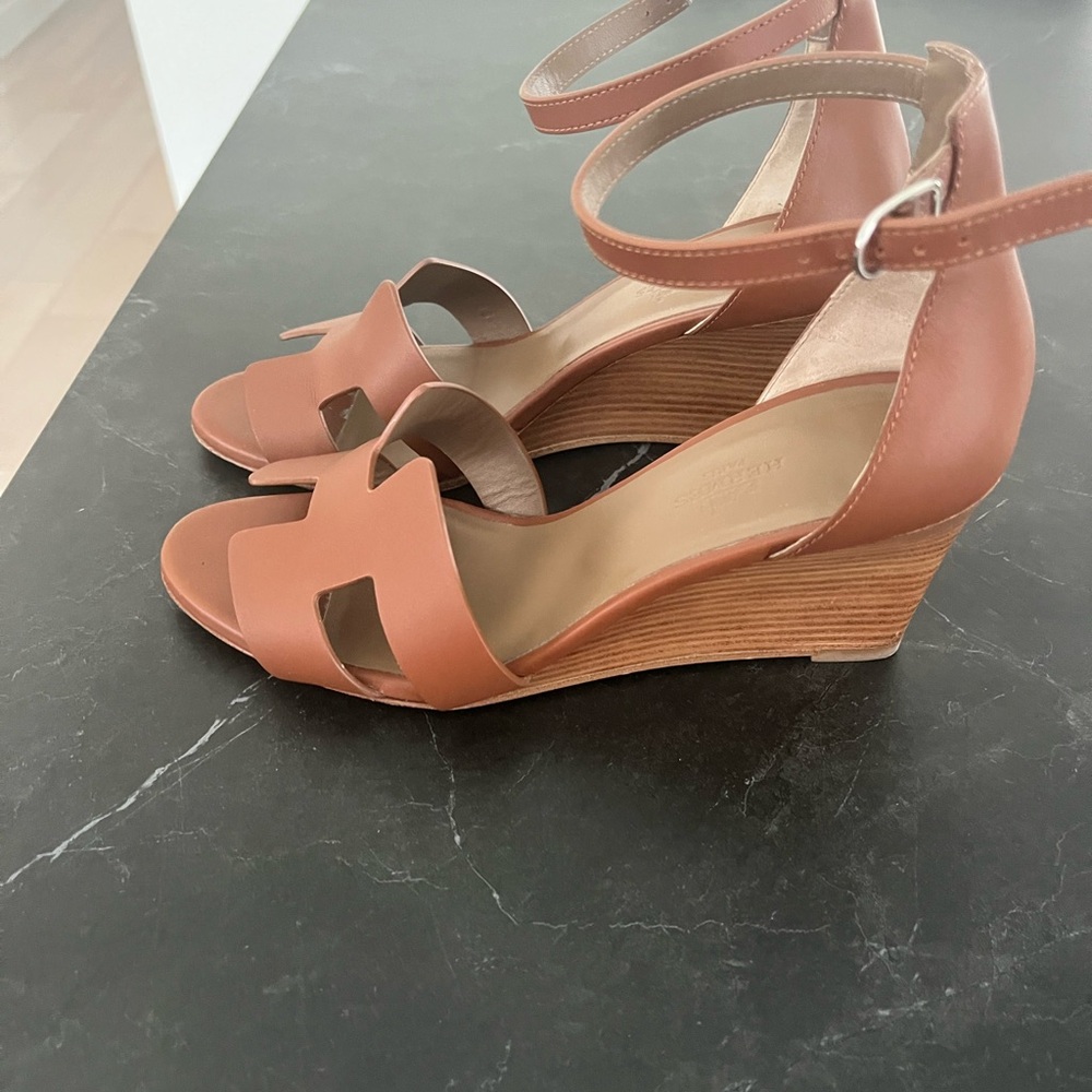 Hermes Brown Leather Wedge Sandals